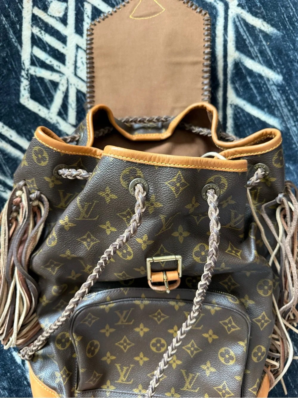 Vintage Boho Louis Vuitton Reworked Luxury Monogram Brown Fringe Leather Backpac